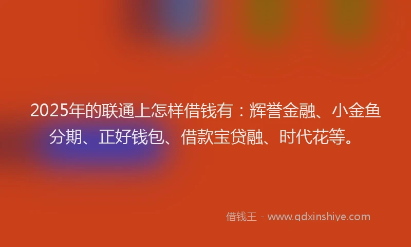 2025年的联通上怎样借钱有：辉誉金融、小金鱼分期、正好钱包、借款宝贷融、时代花等。
