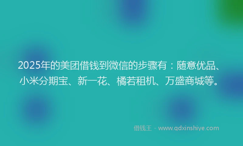 2025年的美团借钱到微信的步骤有：随意优品、小米分期宝、新一花、橘若租机、万盛商城等。