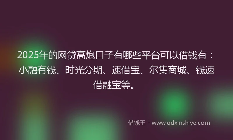 2025年的网贷高炮口子有哪些平台可以借钱有：小融有钱、时光分期、速借宝、尔集商城、钱速借融宝等。