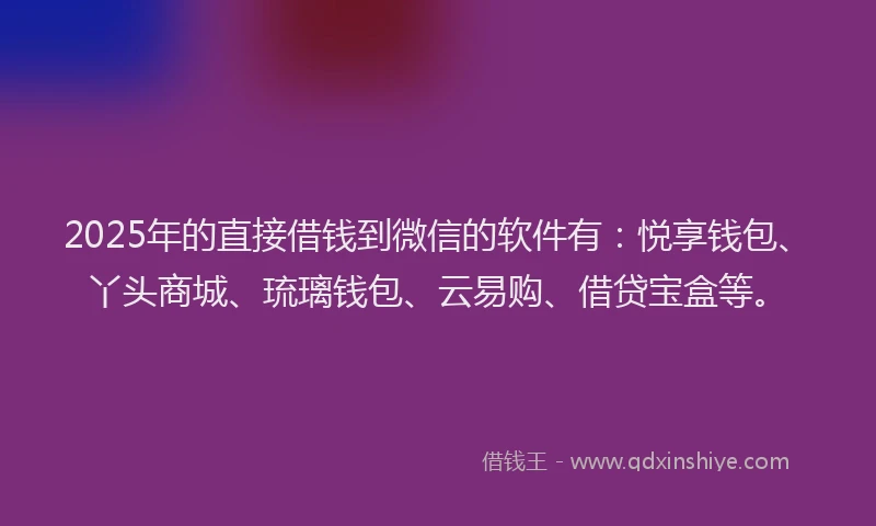 2025年的直接借钱到微信的软件有：悦享钱包、丫头商城、琉璃钱包、云易购、借贷宝盒等。
