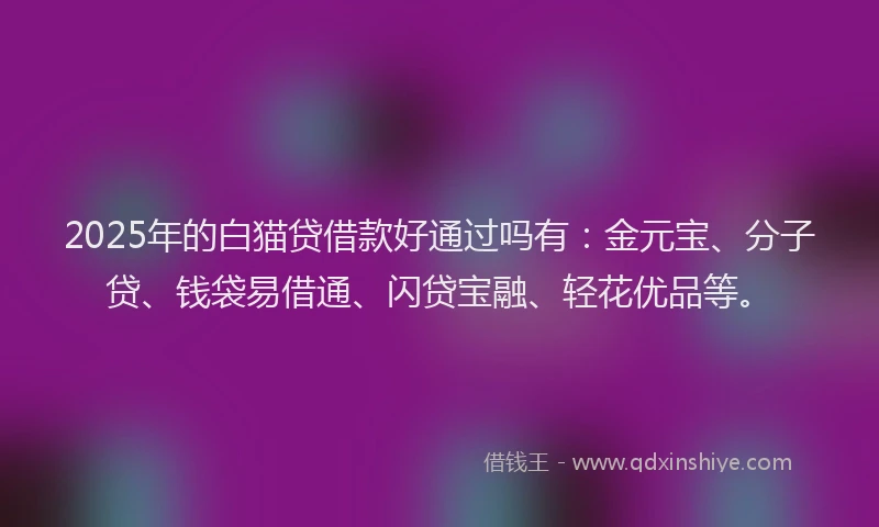 2025年的白猫贷借款好通过吗有：金元宝、分子贷、钱袋易借通、闪贷宝融、轻花优品等。
