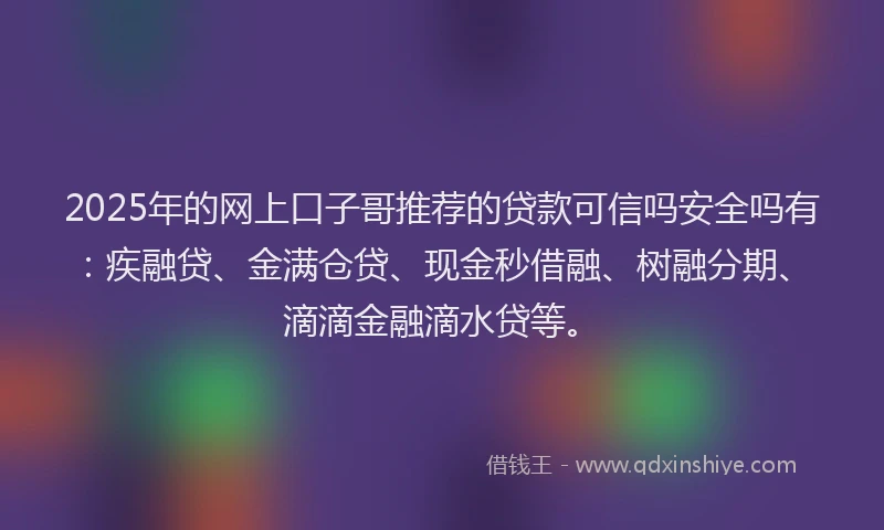 2025年的网上口子哥推荐的贷款可信吗安全吗有：疾融贷、金满仓贷、现金秒借融、树融分期、滴滴金融滴水贷等。