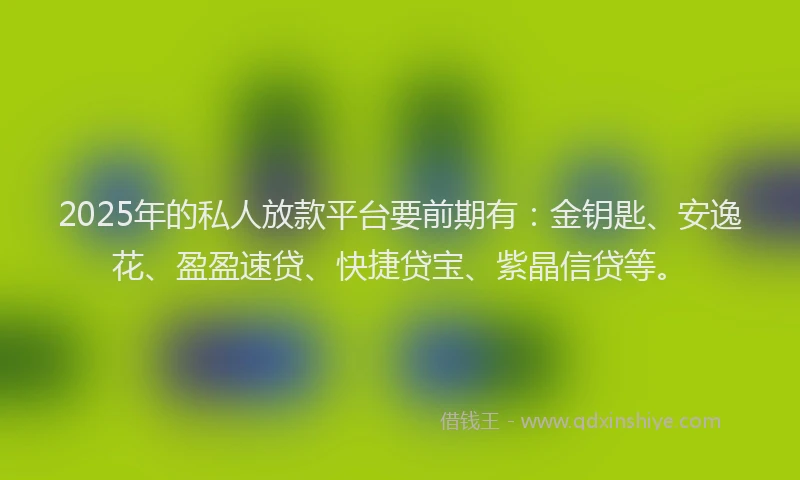 2025年的私人放款平台要前期有：金钥匙、安逸花、盈盈速贷、快捷贷宝、紫晶信贷等。
