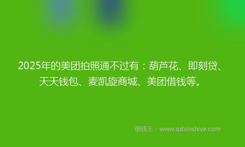2025年的美团拍照通不过有：葫芦花、即刻贷、天天钱包、麦凯旋商城、美团借钱等。