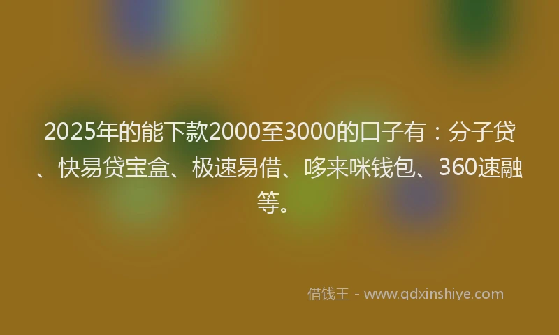 2025年的能下款2000至3000的口子有：分子贷、快易贷宝盒、极速易借、哆来咪钱包、360速融等。