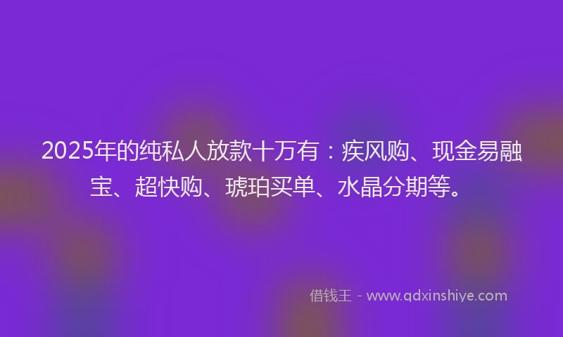 2025年的纯私人放款十万有：疾风购、现金易融宝、超快购、琥珀买单、水晶分期等。