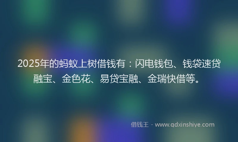 2025年的蚂蚁上树借钱有：闪电钱包、钱袋速贷融宝、金色花、易贷宝融、金瑞快借等。