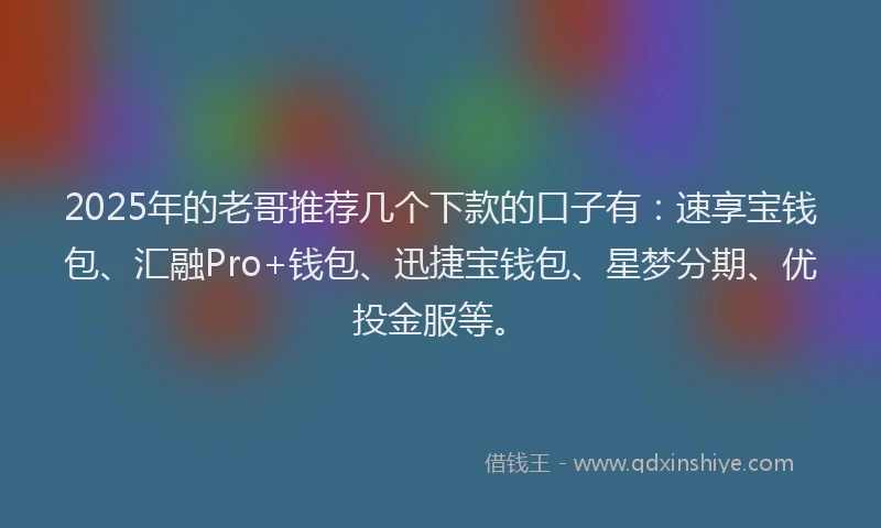 2025年的老哥推荐几个下款的口子有：速享宝钱包、汇融Pro+钱包、迅捷宝钱包、星梦分期、优投金服等。