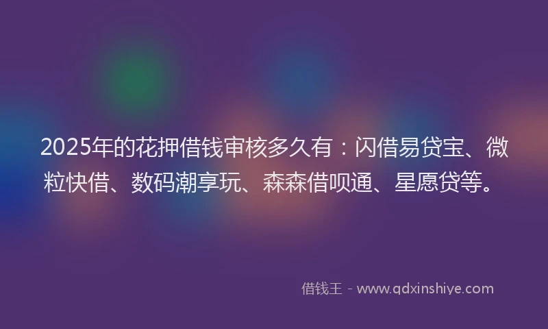 2025年的花押借钱审核多久有：闪借易贷宝、微粒快借、数码潮享玩、森森借呗通、星愿贷等。