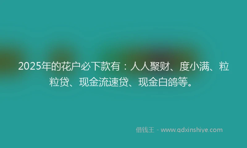 2025年的花户必下款有：人人聚财、度小满、粒粒贷、现金流速贷、现金白鸽等。