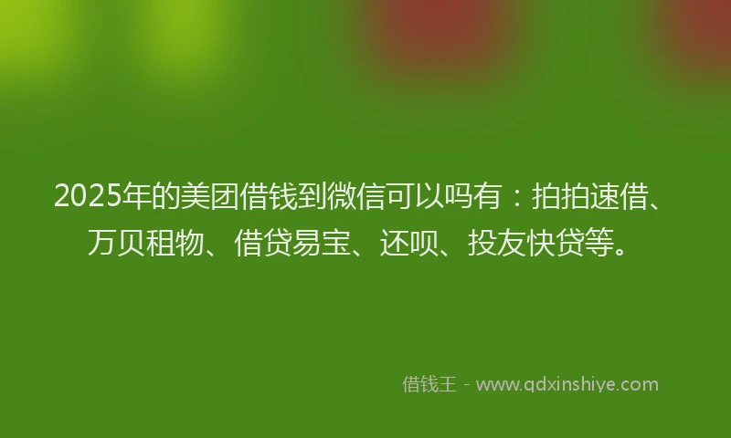 2025年的美团借钱到微信可以吗有：拍拍速借、万贝租物、借贷易宝、还呗、投友快贷等。