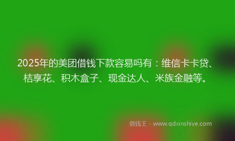 2025年的美团借钱下款容易吗有：维信卡卡贷、桔享花、积木盒子、现金达人、米族金融等。