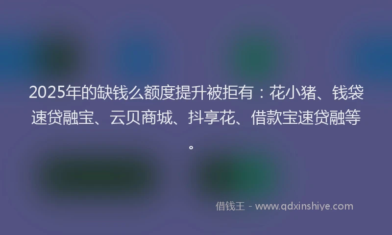 2025年的缺钱么额度提升被拒有：花小猪、钱袋速贷融宝、云贝商城、抖享花、借款宝速贷融等。