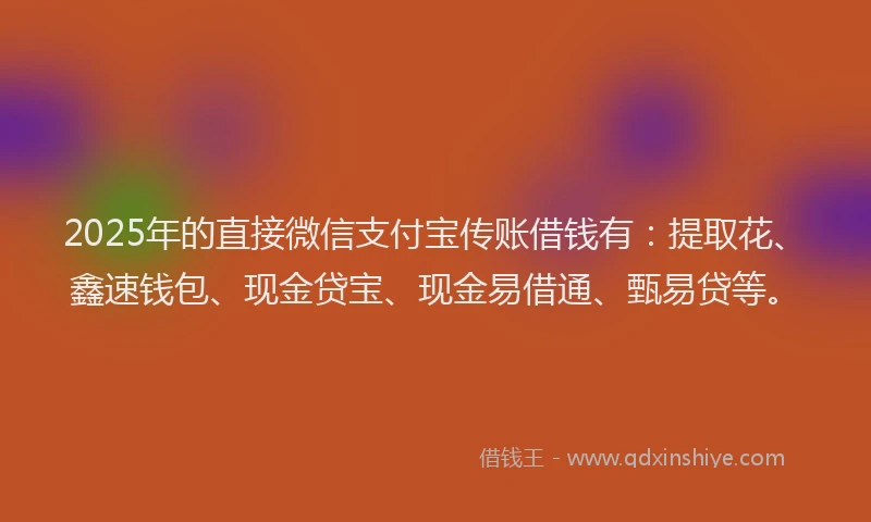 2025年的直接微信支付宝传账借钱有：提取花、鑫速钱包、现金贷宝、现金易借通、甄易贷等。