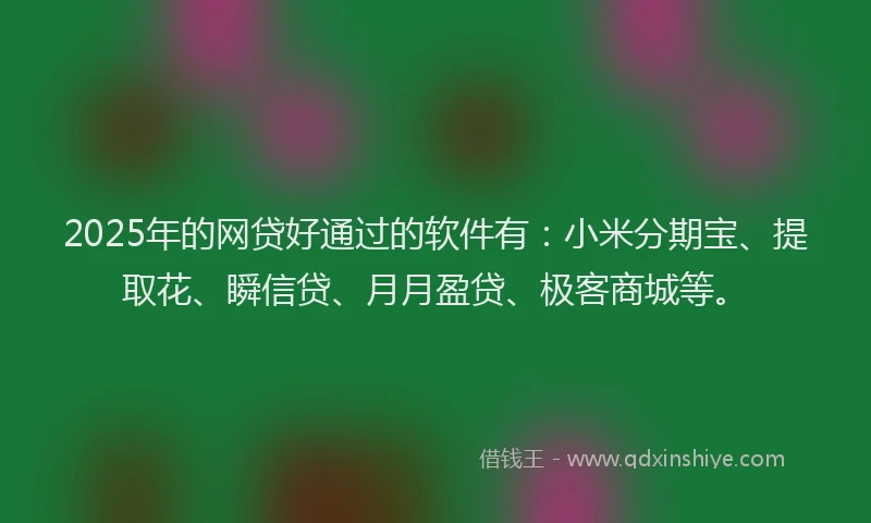 2025年的网贷好通过的软件有：小米分期宝、提取花、瞬信贷、月月盈贷、极客商城等。