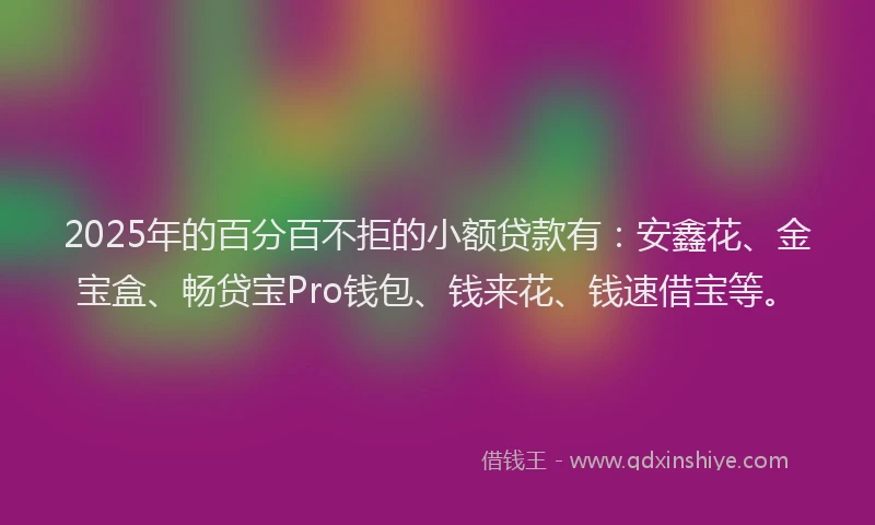 2025年的百分百不拒的小额贷款有：安鑫花、金宝盒、畅贷宝Pro钱包、钱来花、钱速借宝等。