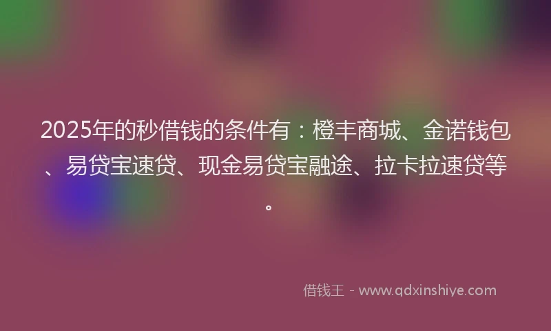 2025年的秒借钱的条件有：橙丰商城、金诺钱包、易贷宝速贷、现金易贷宝融途、拉卡拉速贷等。