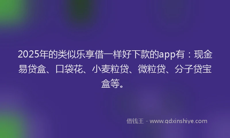 2025年的类似乐享借一样好下款的app有：现金易贷盒、口袋花、小麦粒贷、微粒贷、分子贷宝盒等。