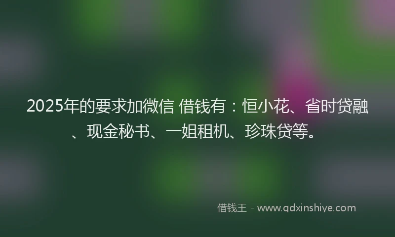2025年的要求加微信 借钱有：恒小花、省时贷融、现金秘书、一姐租机、珍珠贷等。