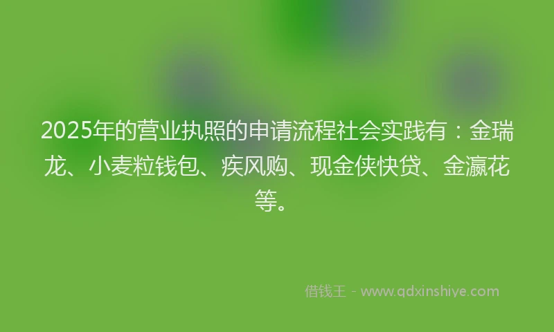 2025年的营业执照的申请流程社会实践有：金瑞龙、小麦粒钱包、疾风购、现金侠快贷、金瀛花等。