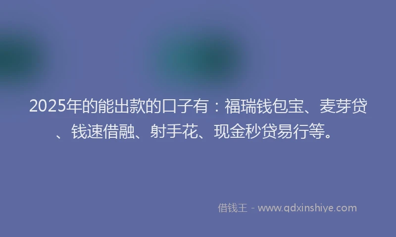 2025年的能出款的口子有：福瑞钱包宝、麦芽贷、钱速借融、射手花、现金秒贷易行等。