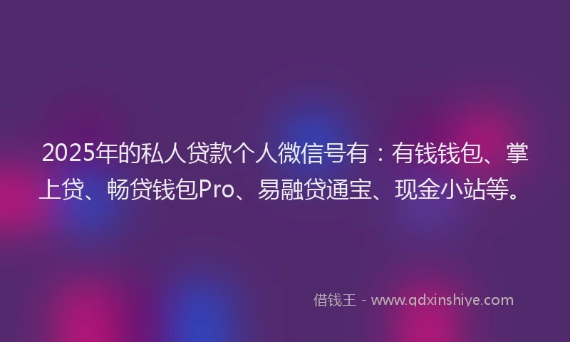 2025年的私人贷款个人微信号有：有钱钱包、掌上贷、畅贷钱包Pro、易融贷通宝、现金小站等。