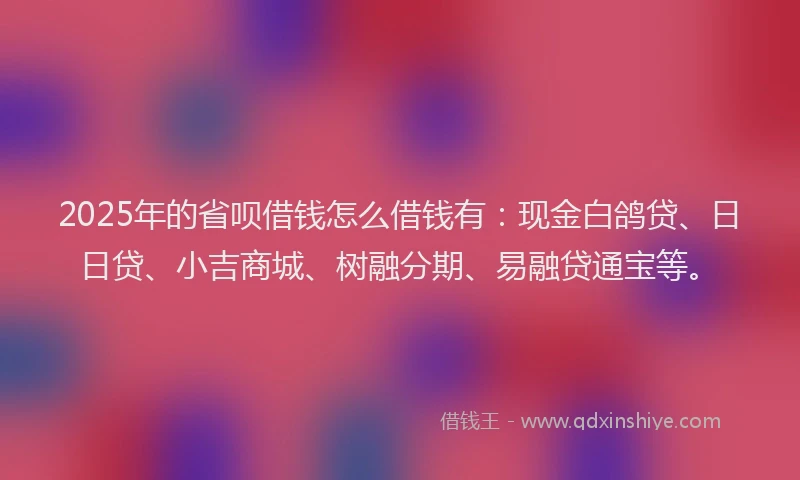 2025年的省呗借钱怎么借钱有：现金白鸽贷、日日贷、小吉商城、树融分期、易融贷通宝等。