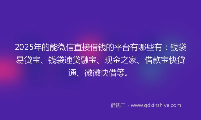 2025年的能微信直接借钱的平台有哪些有：钱袋易贷宝、钱袋速贷融宝、现金之家、借款宝快贷通、微微快借等。