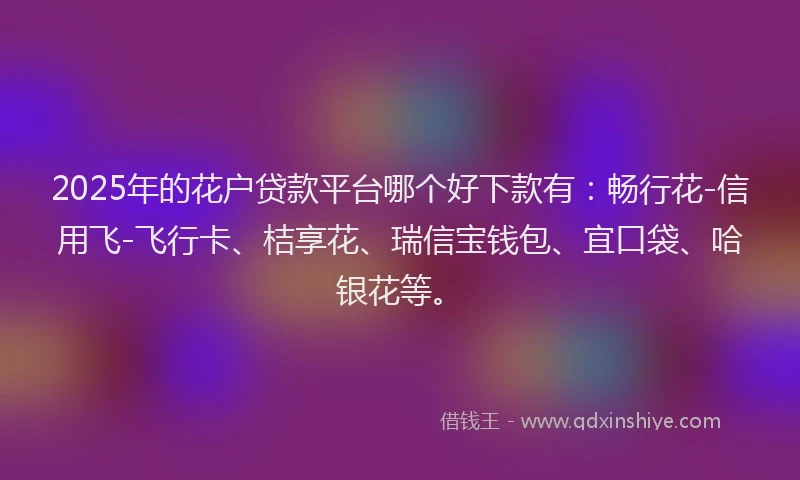 2025年的花户贷款平台哪个好下款有：畅行花-信用飞-飞行卡、桔享花、瑞信宝钱包、宜口袋、哈银花等。
