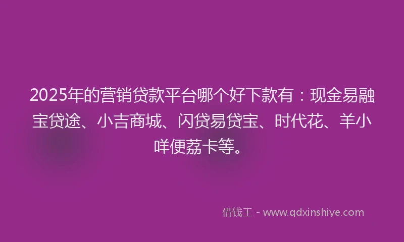2025年的营销贷款平台哪个好下款有：现金易融宝贷途、小吉商城、闪贷易贷宝、时代花、羊小咩便荔卡等。