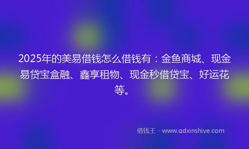 2025年的美易借钱怎么借钱有：金鱼商城、现金易贷宝盒融、鑫享租物、现金秒借贷宝、好运花等。