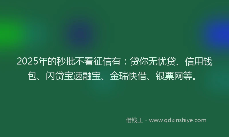 2025年的秒批不看征信有：贷你无忧贷、信用钱包、闪贷宝速融宝、金瑞快借、银票网等。