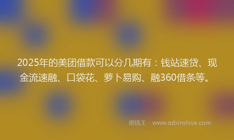 2025年的美团借款可以分几期有：钱站速贷、现金流速融、口袋花、萝卜易购、融360借条等。