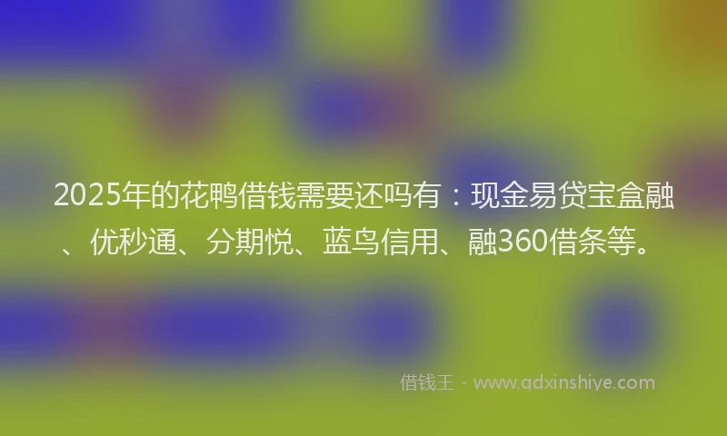 2025年的花鸭借钱需要还吗有：现金易贷宝盒融、优秒通、分期悦、蓝鸟信用、融360借条等。