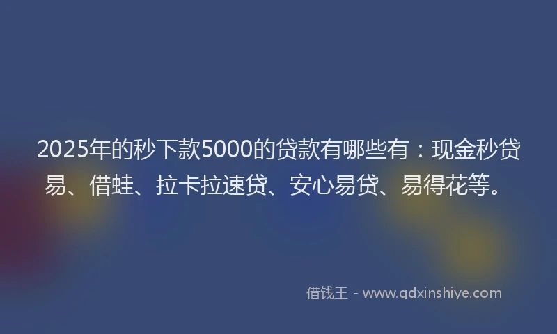 2025年的秒下款5000的贷款有哪些有：现金秒贷易、借蛙、拉卡拉速贷、安心易贷、易得花等。