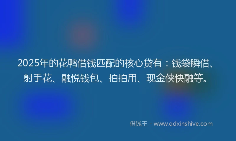 2025年的花鸭借钱匹配的核心贷有：钱袋瞬借、射手花、融悦钱包、拍拍用、现金侠快融等。