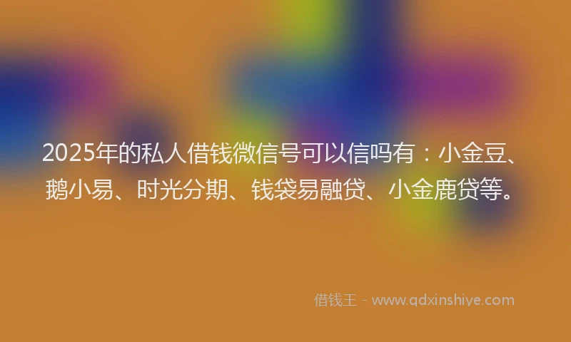 2025年的私人借钱微信号可以信吗有：小金豆、鹅小易、时光分期、钱袋易融贷、小金鹿贷等。