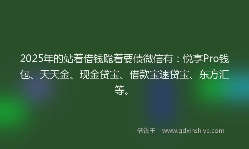 2025年的站着借钱跪着要债微信有：悦享Pro钱包、天天金、现金贷宝、借款宝速贷宝、东方汇等。