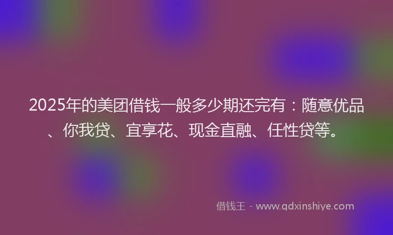 2025年的美团借钱一般多少期还完有：随意优品、你我贷、宜享花、现金直融、任性贷等。