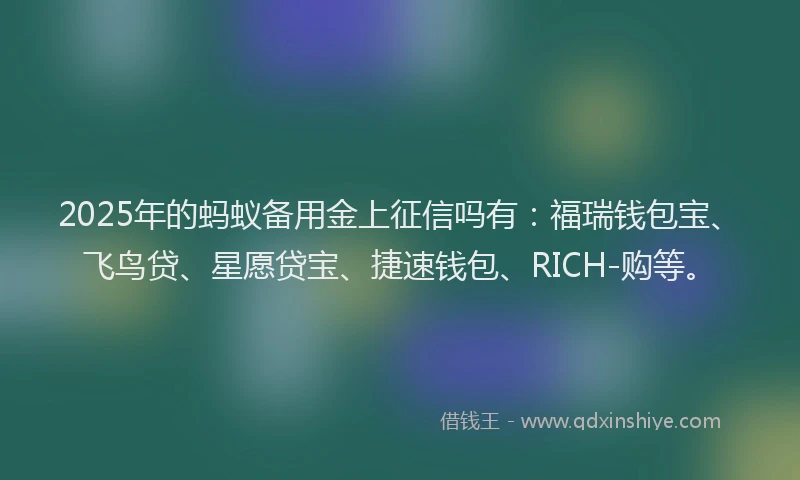 2025年的蚂蚁备用金上征信吗有：福瑞钱包宝、飞鸟贷、星愿贷宝、捷速钱包、RICH-购等。