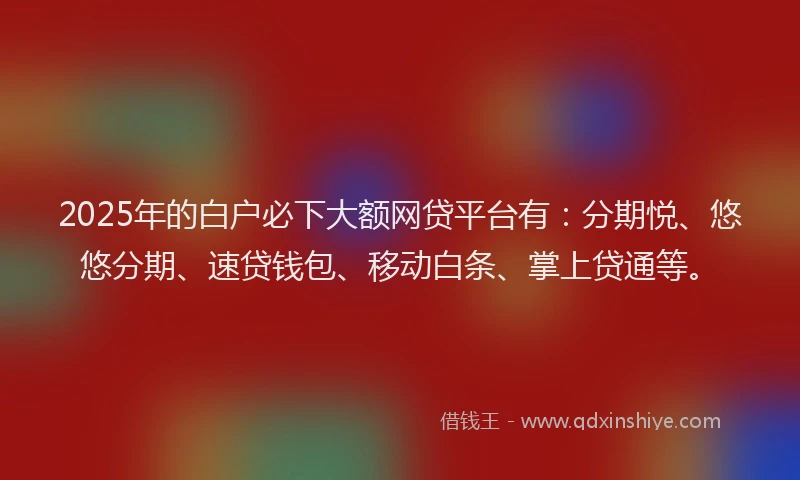 2025年的白户必下大额网贷平台有：分期悦、悠悠分期、速贷钱包、移动白条、掌上贷通等。