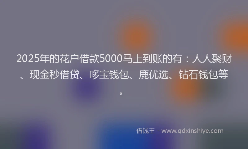 2025年的花户借款5000马上到账的有：人人聚财、现金秒借贷、哆宝钱包、鹿优选、钻石钱包等。