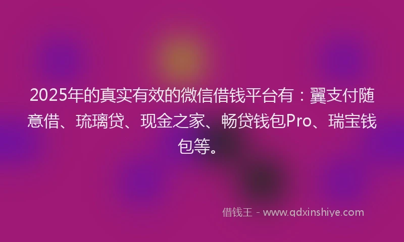 2025年的真实有效的微信借钱平台有：翼支付随意借、琉璃贷、现金之家、畅贷钱包Pro、瑞宝钱包等。