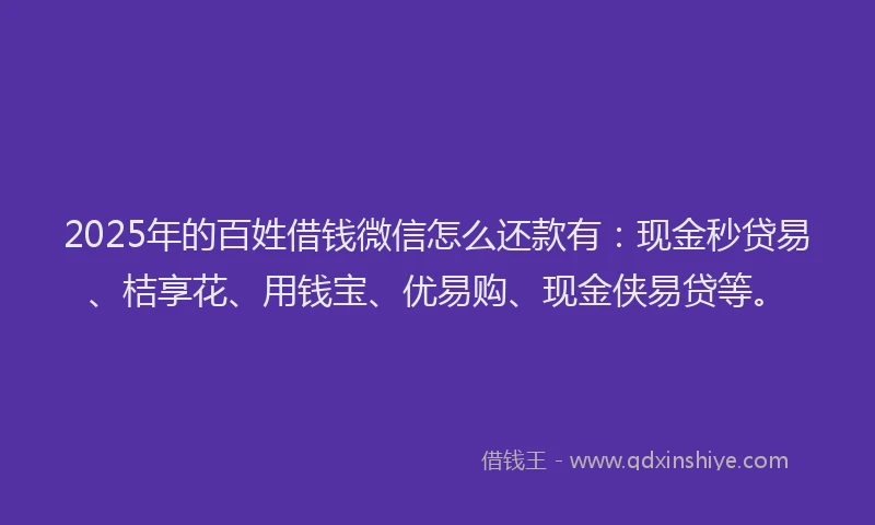 2025年的百姓借钱微信怎么还款有：现金秒贷易、桔享花、用钱宝、优易购、现金侠易贷等。