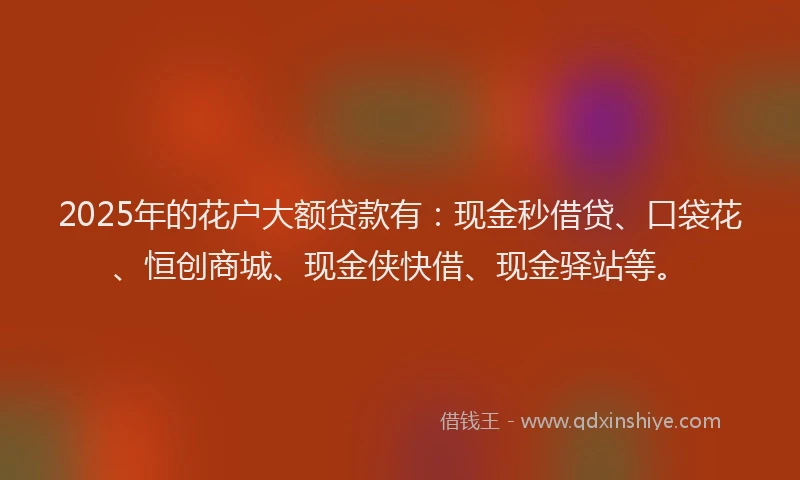 2025年的花户大额贷款有：现金秒借贷、口袋花、恒创商城、现金侠快借、现金驿站等。