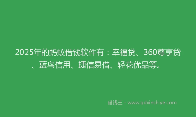 2025年的蚂蚁借钱软件有：幸福贷、360尊享贷、蓝鸟信用、捷信易借、轻花优品等。