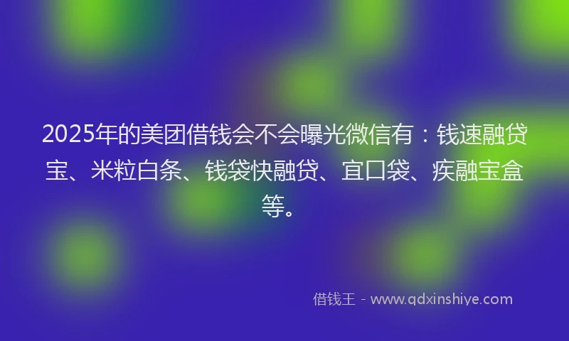 2025年的美团借钱会不会曝光微信有：钱速融贷宝、米粒白条、钱袋快融贷、宜口袋、疾融宝盒等。