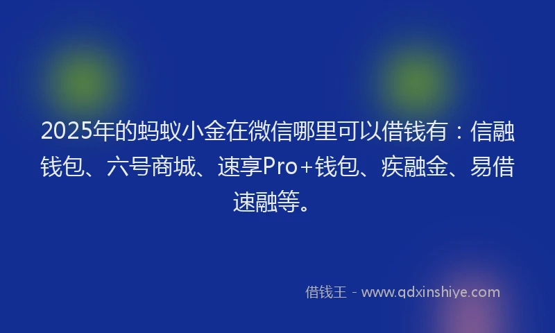 2025年的蚂蚁小金在微信哪里可以借钱有：信融钱包、六号商城、速享Pro+钱包、疾融金、易借速融等。
