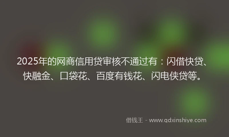 2025年的网商信用贷审核不通过有：闪借快贷、快融金、口袋花、百度有钱花、闪电侠贷等。