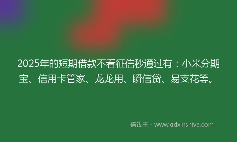 2025年的短期借款不看征信秒通过有：小米分期宝、信用卡管家、龙龙用、瞬信贷、易支花等。